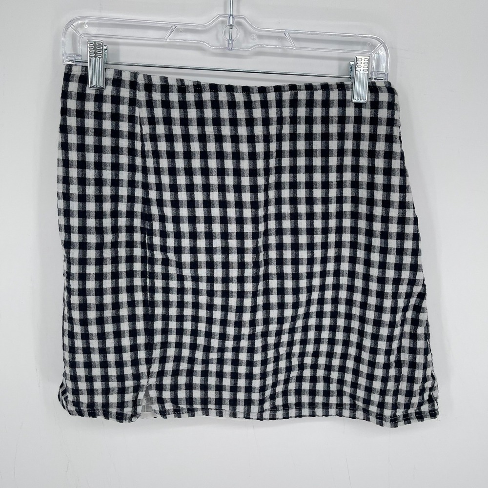 American Eagle Women's Black Gingham Cotton Linen Notched Slit Mini Skirt Size M